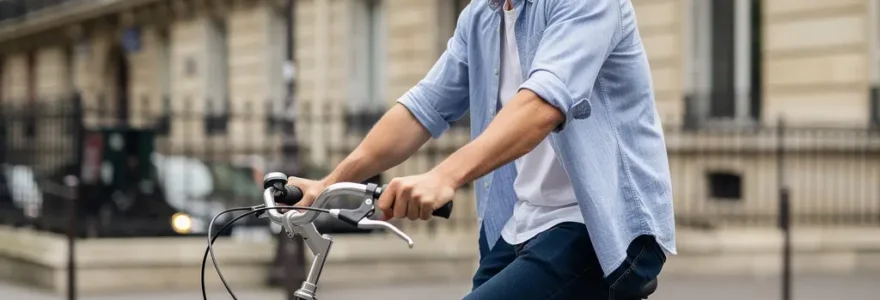 Cycliste urbain sur vélo hollandais pédalant dans une rue du 17ème arrondissement parisien