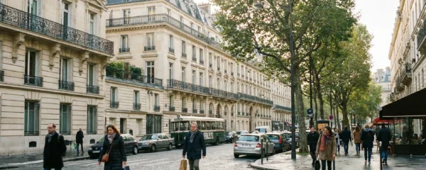 Façade élégante d'un hôtel haussmannien dans le 8e arrondissement de Paris au petit matin