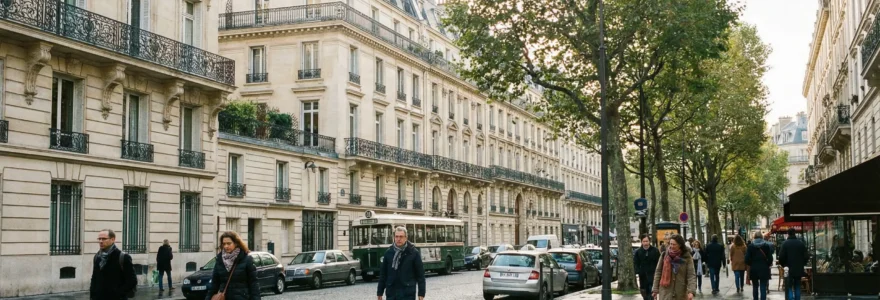 Façade élégante d'un hôtel haussmannien dans le 8e arrondissement de Paris au petit matin