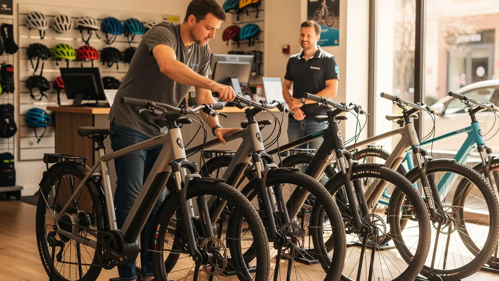 Intérieur d'une boutique vélo spécialisée avec conseiller en arrière-plan