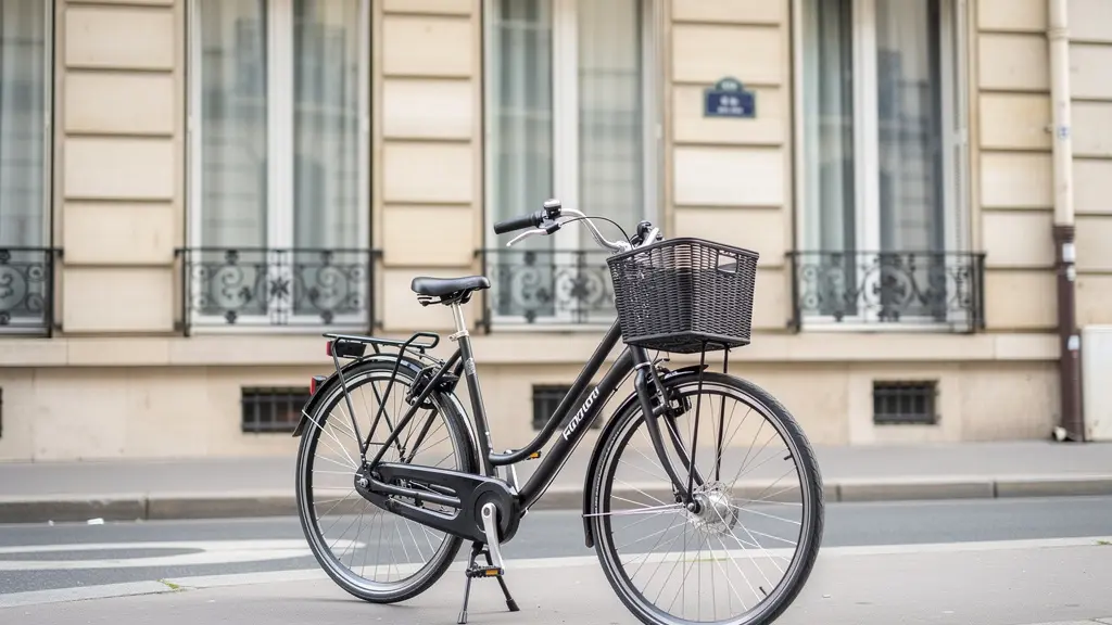 Vélo électrique style hollandais garé devant un immeuble haussmannien