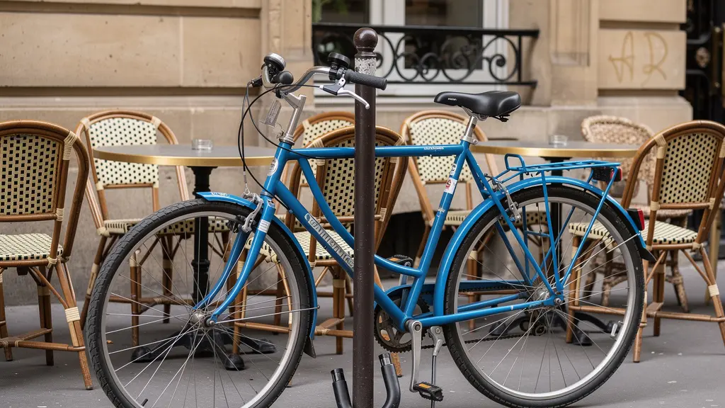 Vélo de ville hollandais stationné devant une terrasse de café parisienne