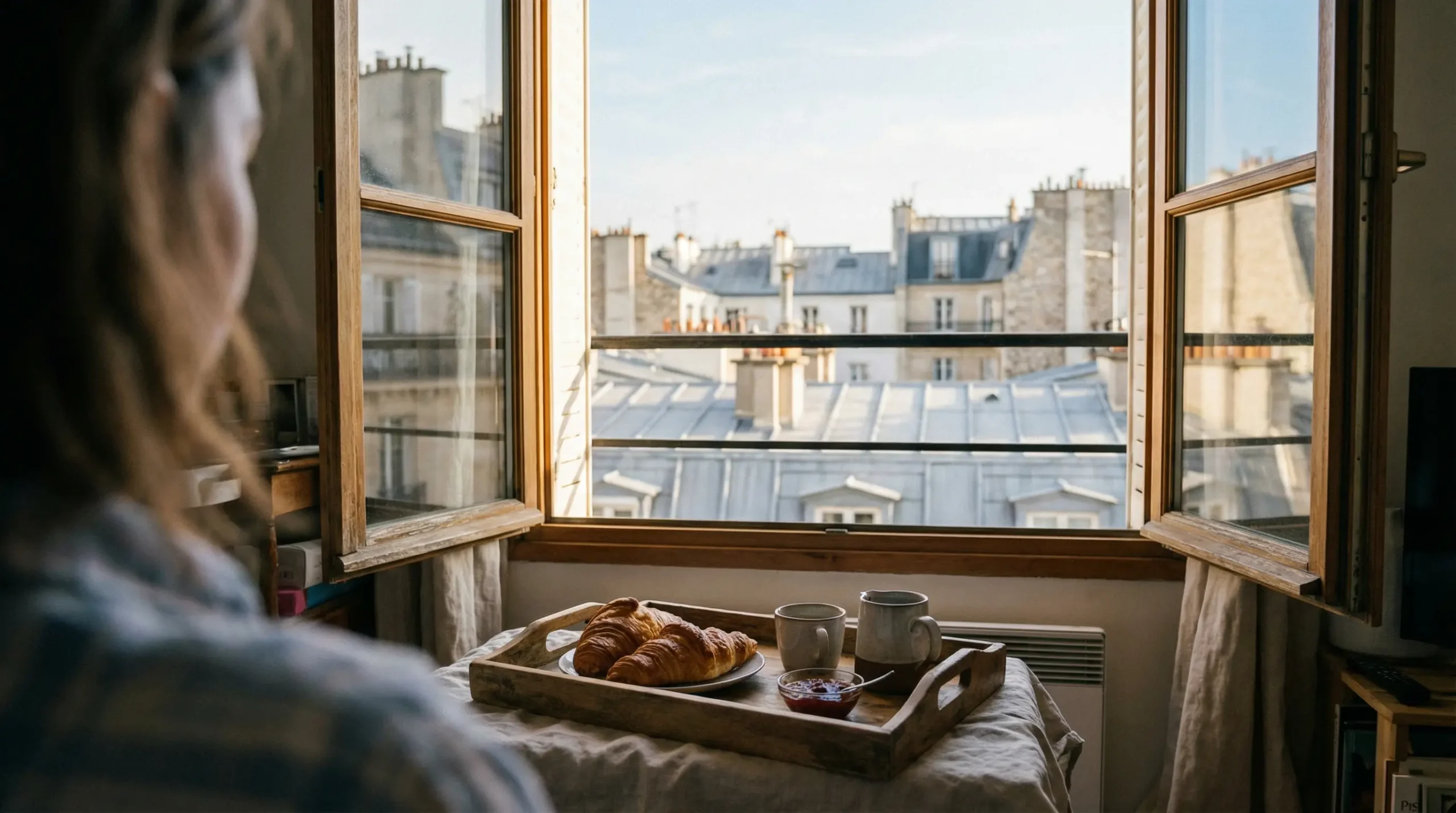Petit-déjeuner servi près d'une fenêtre avec vue sur les toits de zinc parisiens