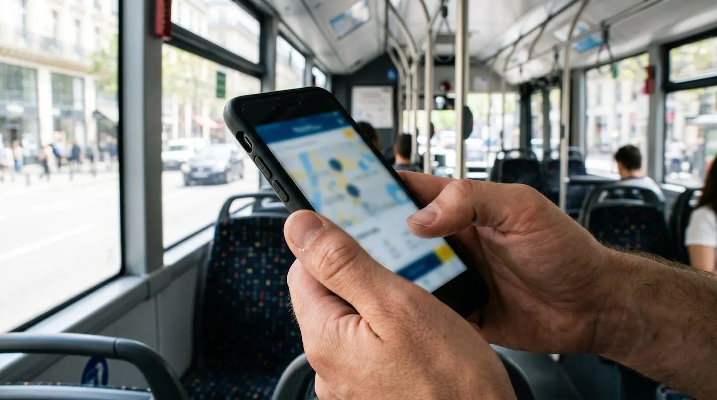 Gros plan sur des mains tenant un smartphone affichant l'interface de l'application Tootbus avec éléments visuels floutés, arrière-plan intérieur de bus moderne