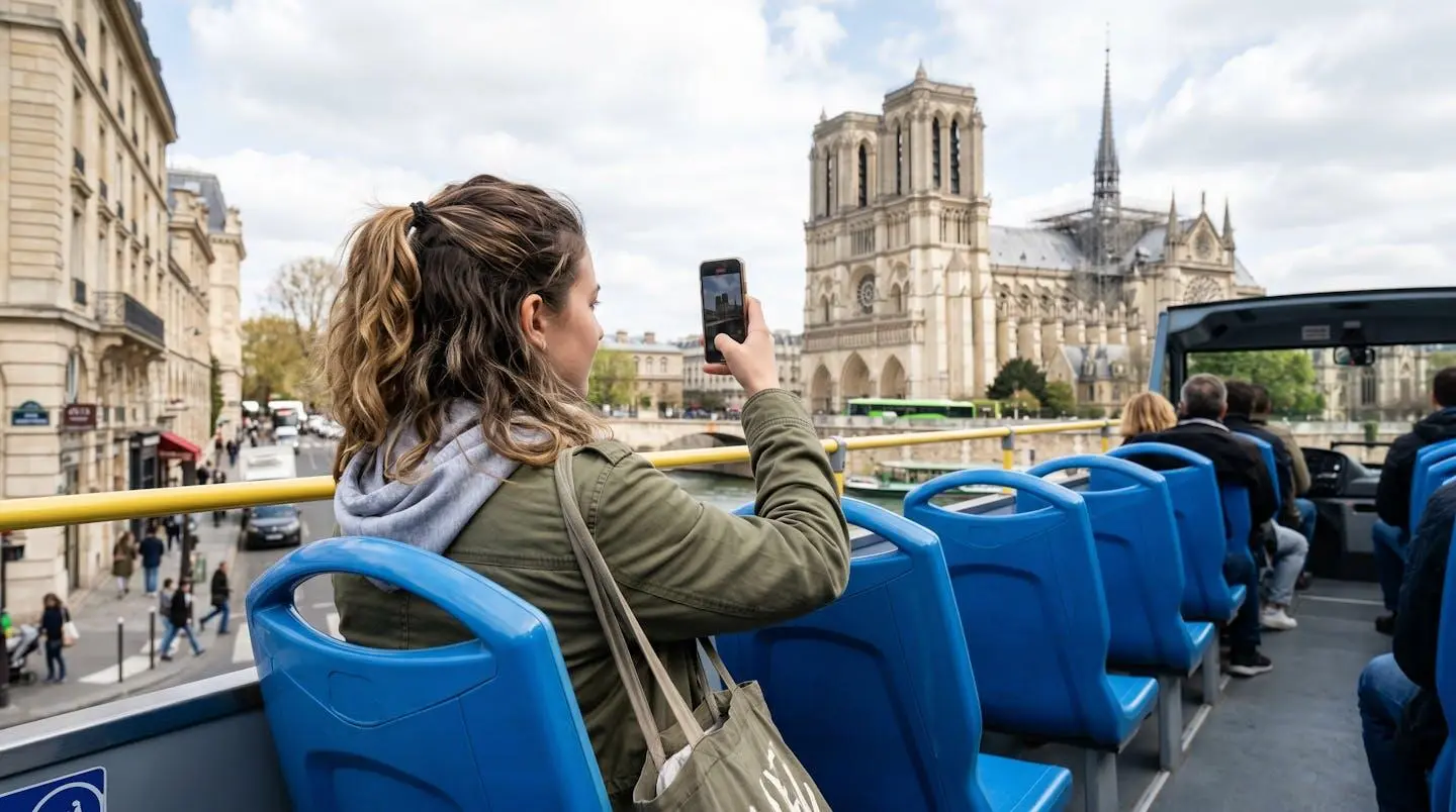 Touriste vu de dos assis sur le niveau supérieur d'un bus touristique découvert, tenant un smartphone pour photographier un monument parisien