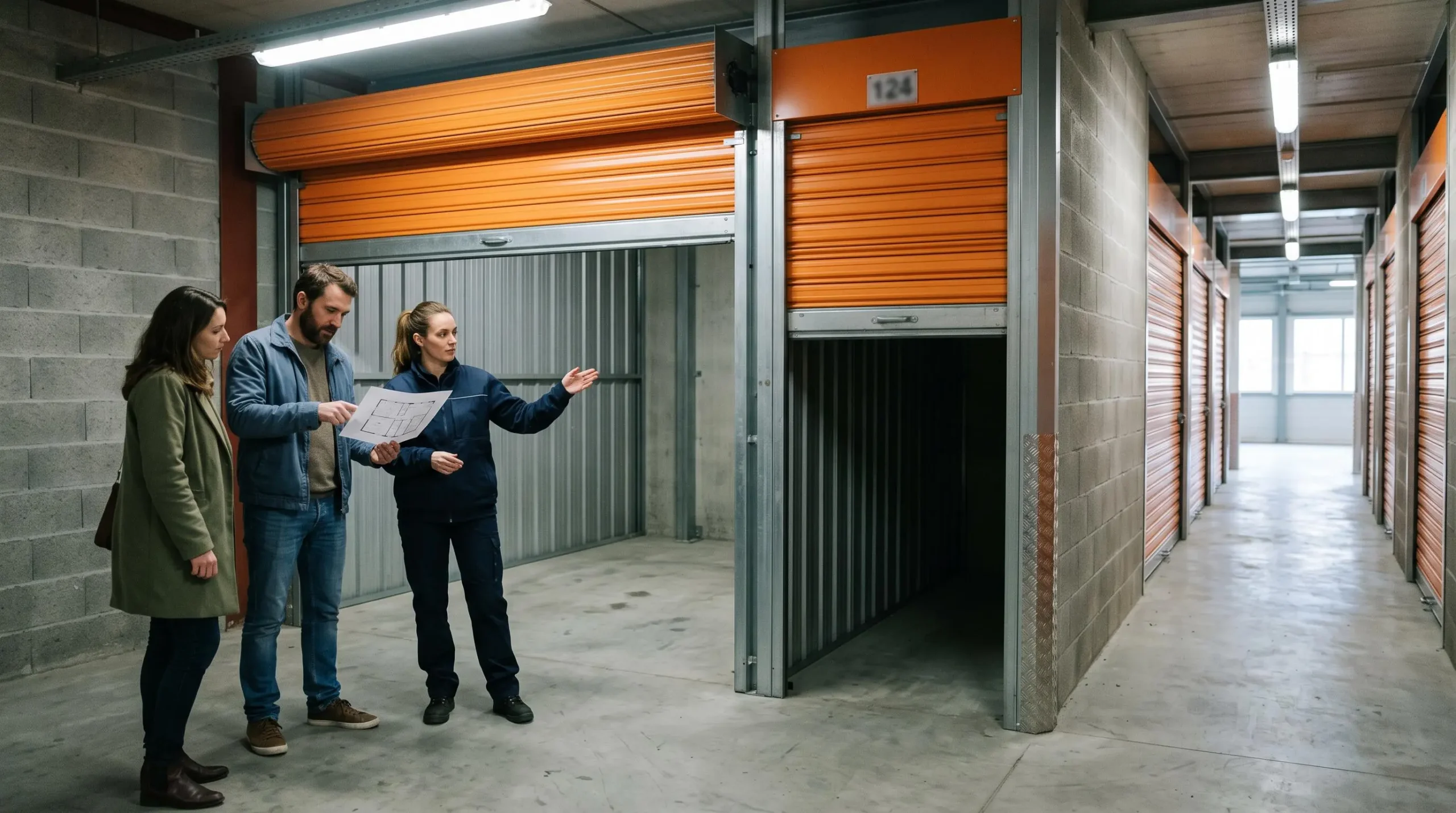Un couple et un employé comparent deux box de garde-meuble de tailles différentes dans un couloir de centre de stockage en Île-de-France.