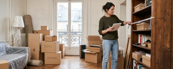 Une femme mesure une bibliothèque avec un mètre ruban dans son salon parisien encombré de cartons de déménagement.