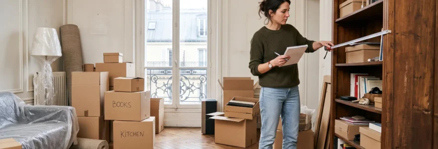 Une femme mesure une bibliothèque avec un mètre ruban dans son salon parisien encombré de cartons de déménagement.
