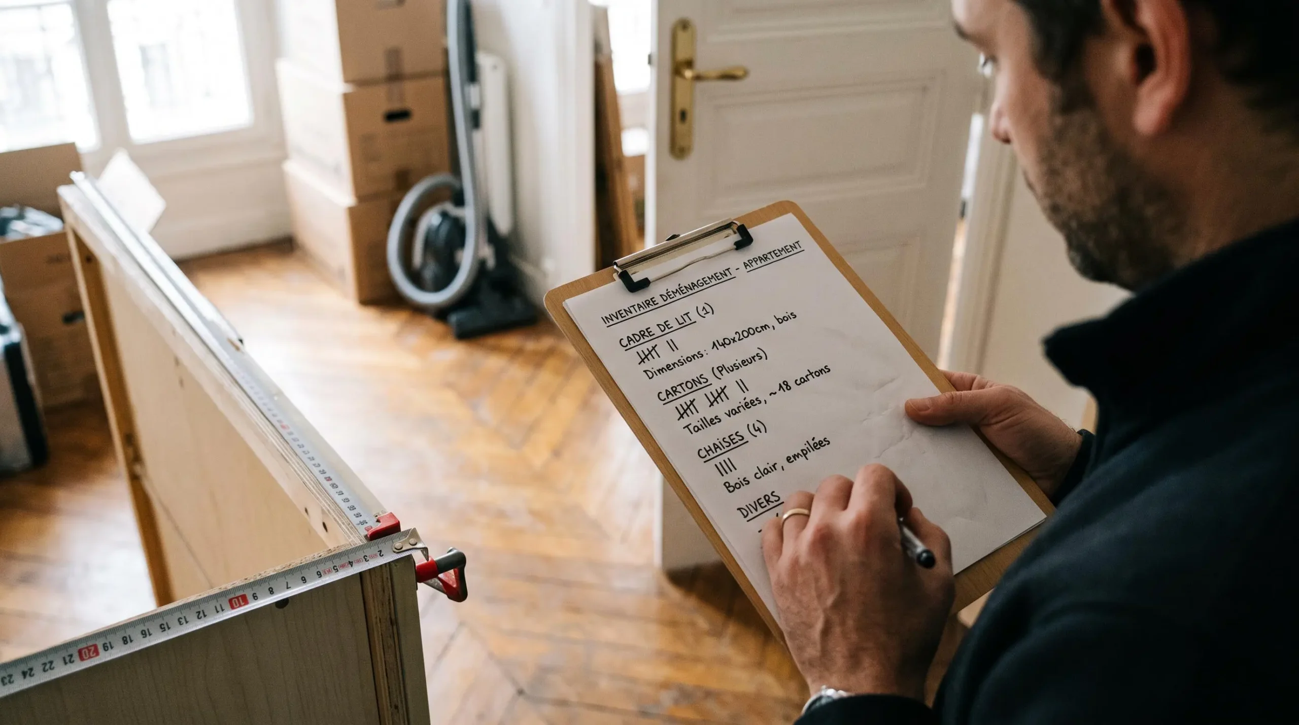Gros plan sur des mains remplissant une liste d'inventaire manuscrite à côté d'un mètre ruban tendu le long d'un panneau d'armoire démontée.